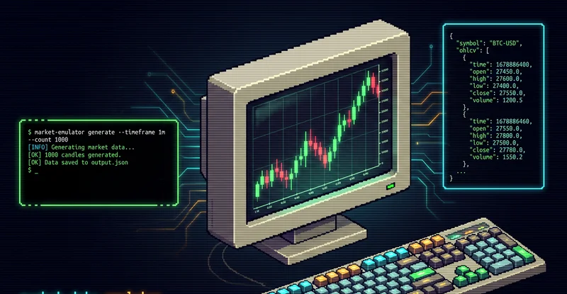 Python-эмулятор рыночных данных для тестирования, бэктестинга и ML: Ornstein-Uhlenbeck, 71 встроенный сценарий, multi-pair с Cholesky-корреляцией, per-bar orderbook L2, funding-профиль, truth-dataset контракт с SHA256.